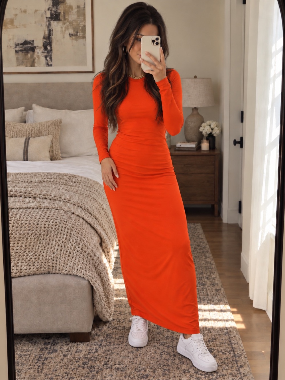 SKIMS Orange Long Sleeve Bodycon Maxi Dress – Size Small